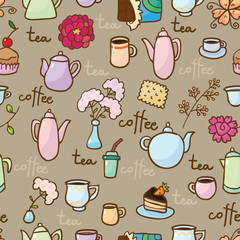 Background with teapots, coffepots, cups and sweets