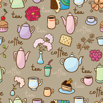 Background with teapots, coffepots, cups and sweets