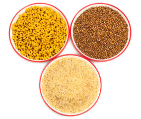 Plate with dry food ingredients: rice, macaroni and buckwheat