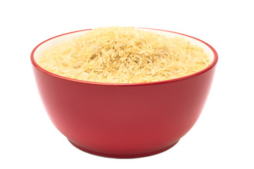 Soup plate with dry rice isolated on white background