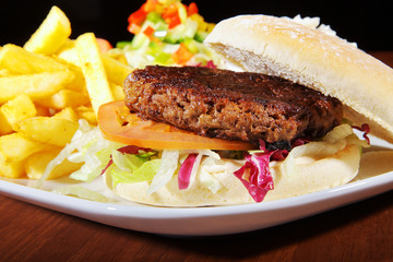 Hamburger Diner mit Pommes und Salat closeup