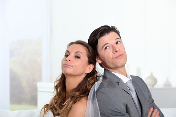 Bride and groom being mad at each other