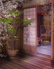 Orientalna herbaciarnia z kwiatami - obrazy, fototapety, plakaty