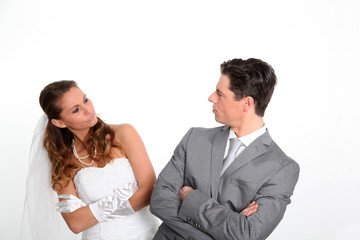 Married couple expressions on white background