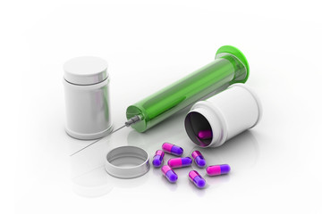 Syringes and pills against isolated white background