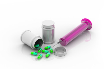 Syringes and pills against isolated white background