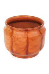 big clay brown flowerpot with wood texture, view from above, iso