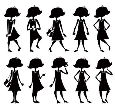 Cartoon girl silhouettes set in different poses and actions.