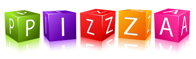 word pizza composed from colorful cubes