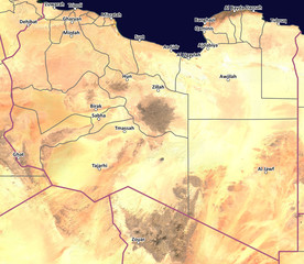 Satellite map of Libya with cities and province outlines
