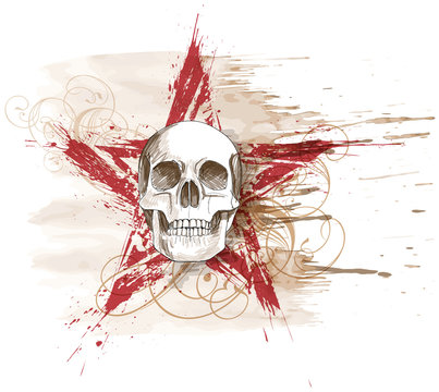 Skull sketch & red grunge star, floral calligraphy ornament, wat