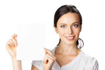 Portrait of businesswoman showing blank signboard, isolated