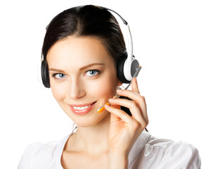 Portrait of support phone operator in headset, isolated