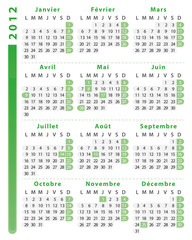 Calendrier 2012 français avec jours fériés, vecteur