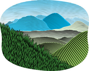 Woodcut Mountain Landscape Color