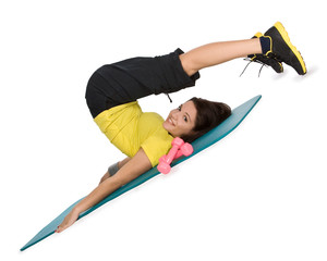 Attractive young female with fitness dumbbells does exercise