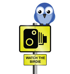 Speed camera sign with photographic watch the birdie