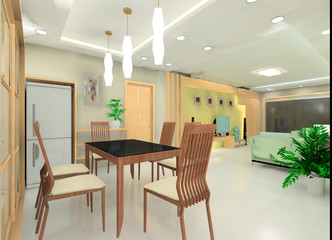 a modern kitchen and living room