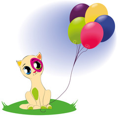 Fototapeta premium Cute cat with bunch of balloons