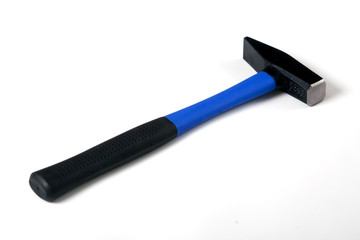 Hammer with the blue handle on white background