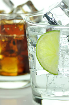 The sweet cooled drinks with ice, close up