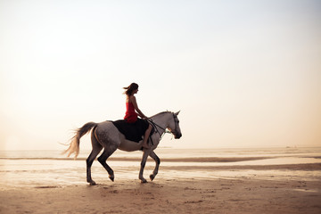 Girl riding a horse on the background of the sea