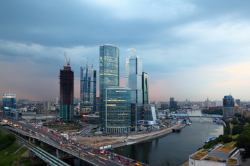 Fototapeta na wymiar panorama of Moscow City complex of skyscrapers at evening