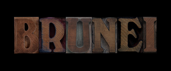 the word Brunei in old letterpress wood type