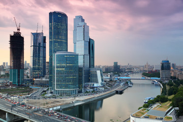 panorama of Moscow City complex of skyscrapers at evening