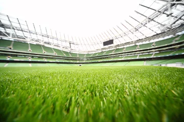 Gordijnen groen gemaaid gras in groot stadion op zomerdag © Pavel Losevsky