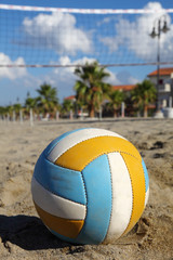 volleyball net, volleyball on beach and palm trees