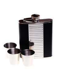 Chrome flask for drinks, decorated the skin on a white backgroun