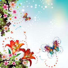 Fototapeta na wymiar Tło z kwiatów i motyli