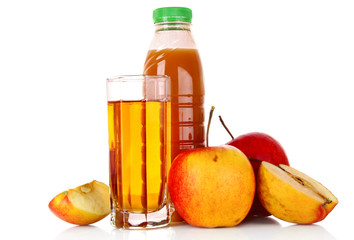 Fruits and glasses with juice isolated on white