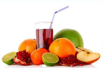 Fruits and glasses with juice isolated on white