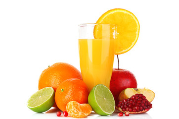 Fruits and glasses with juice isolated on white