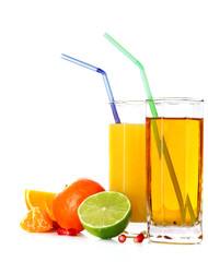 Fruits and glasses with juice isolated on white