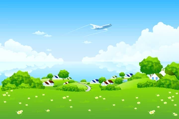 Vlies Fototapete Flugzeuge, Ballon Grüne Landschaft mit Flugzeugen