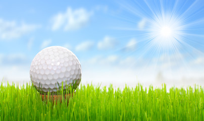 Golf ball on tee over a  green.