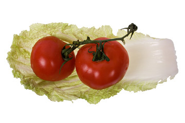 Tomatoes  on a leaf of chinese cabbage