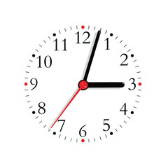 Analogue clock face dial black red finger, 3:03 isolated