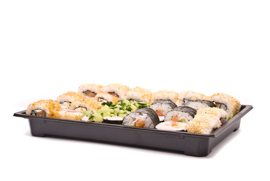 Sushi in box isolated on a white background