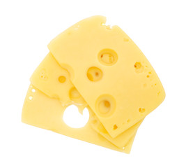Slices of cheese on white background