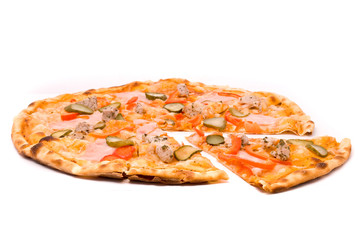 Pizza with sauce, cheese, marinated pork, ham, peppers, gherkins