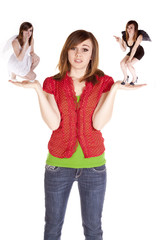 Fototapeta premium Woman with devil and angel on hands