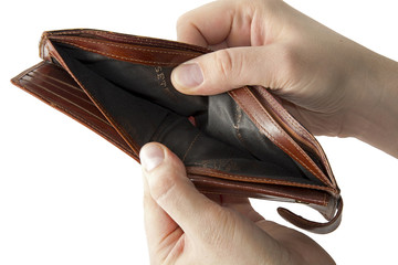 Empty brown wallet in his hand
