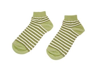 Pair of striped green socks, isolated on white background