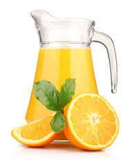 glass of orange juice and orange fruits with green leaves isolat