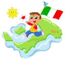 Viva l'Italia! Bimbo felice con bandiera e cartina italiana