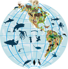 earth globe and different animals